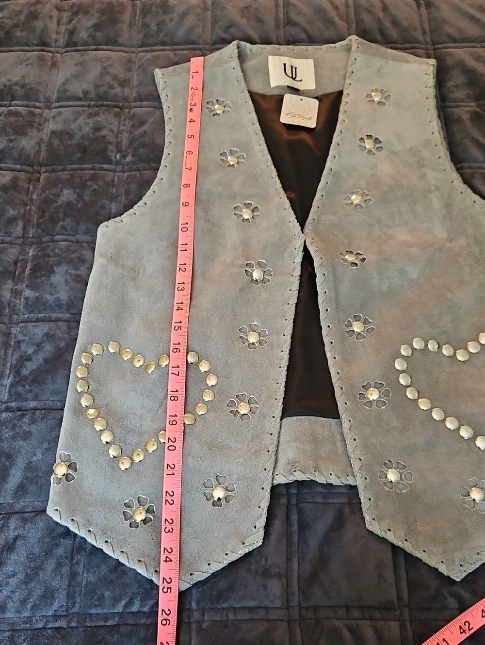 NWT Understated Leather x Free People 100% Suede Heart Stud Vest, Gray Blue, XS - Picture 8 of 9